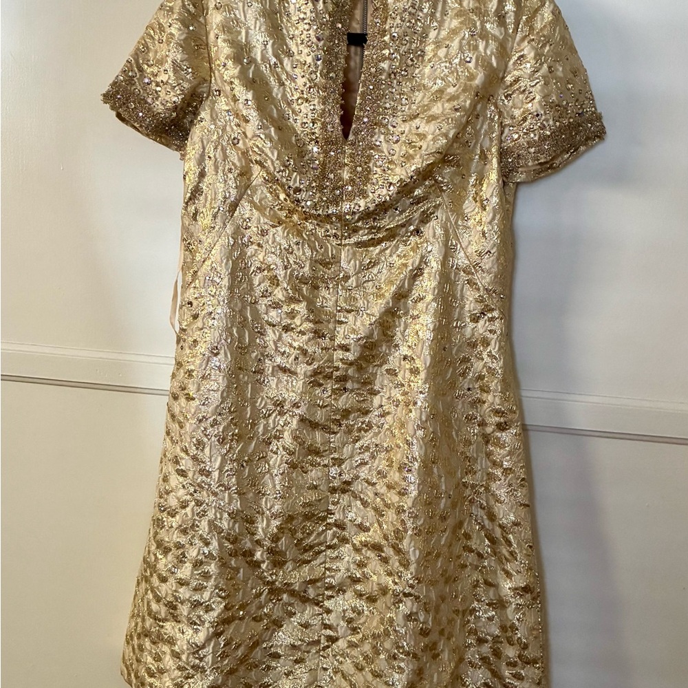 Vintage 60s 70s Glam Gold Embellished Short Sleeve Cocktail Dress Brocade Sequin